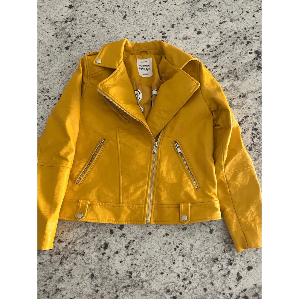 Zara Girls Faux Leather Moto Biker Jacket Yellow Size 11-12 Years